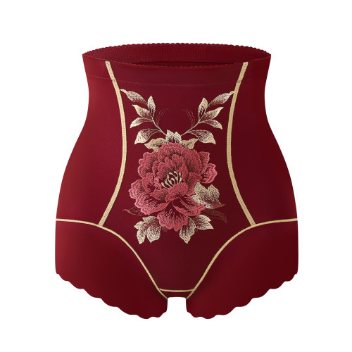 胖MM大碼本命年紅色內褲女透氣刺綉收腹提臀收小肚無痕短褲平角褲