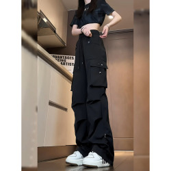 2024新款黑色復古工裝褲機能風vibe設計感長褲寬鬆百搭潮流休閒褲
