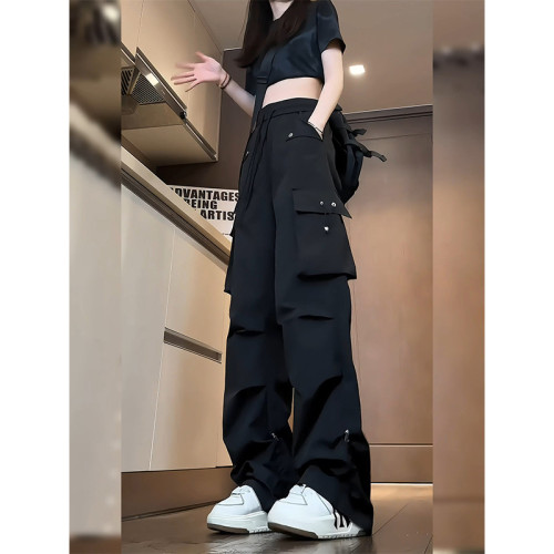 2024新款黑色復古工裝褲機能風vibe設計感長褲寬鬆百搭潮流休閒褲