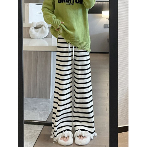 條紋軟糯針織褲子女秋冬高腰垂感濶腿褲直筒寬鬆休閒流蘇拖地長褲