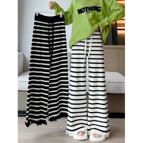 條紋軟糯針織褲子女秋冬高腰垂感濶腿褲直筒寬鬆休閒流蘇拖地長褲