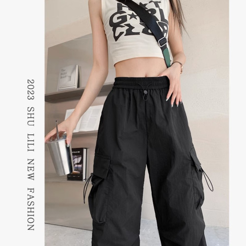 黑色工裝褲女爵士舞寬鬆顯瘦濶腿運動長褲百搭休閒直筒束腳褲子潮