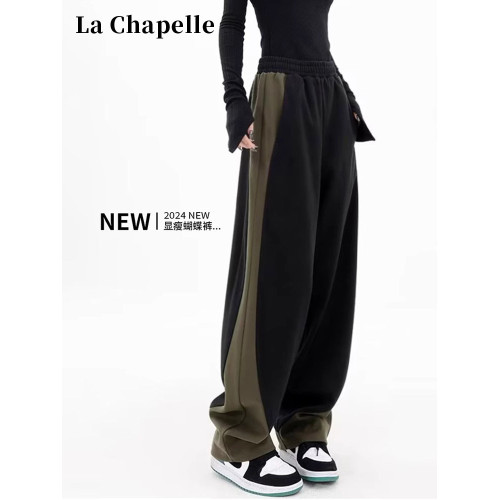 拉夏貝爾撞色香蕉運動褲女春秋2025新款冬季濶腿美式加絨直筒衛褲