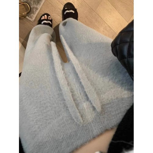 高級感灰色水貂絨針織濶腿褲女秋冬加厚奶fufu垂感直筒休閒拖地褲