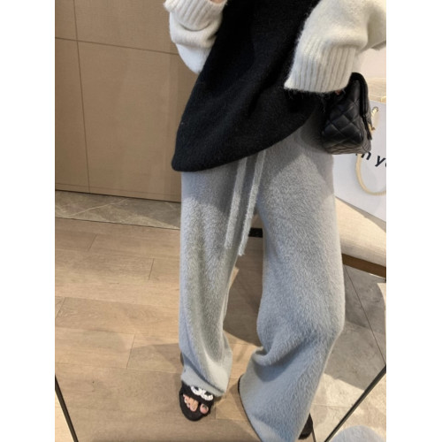 高級感灰色水貂絨針織濶腿褲女秋冬加厚奶fufu垂感直筒休閒拖地褲