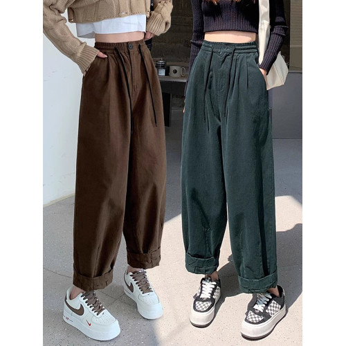 日系洗水磨毛工裝褲子女秋冬小個子松緊腰寬鬆顯瘦休閒哈倫蘿蔔褲