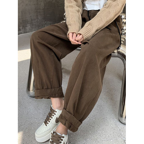 日系洗水磨毛工裝褲子女秋冬小個子松緊腰寬鬆顯瘦休閒哈倫蘿蔔褲