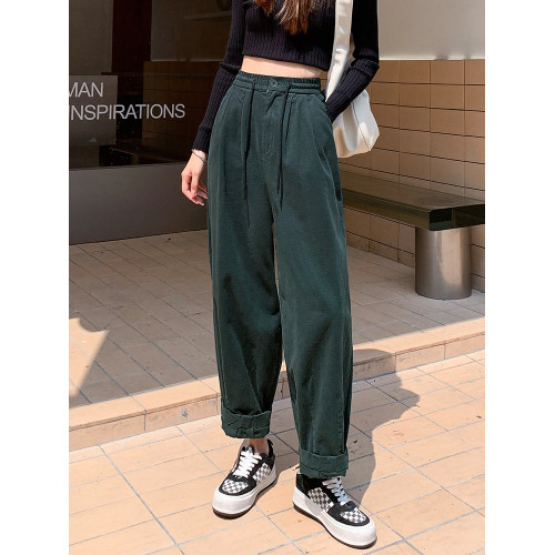 日系洗水磨毛工裝褲子女秋冬小個子松緊腰寬鬆顯瘦休閒哈倫蘿蔔褲