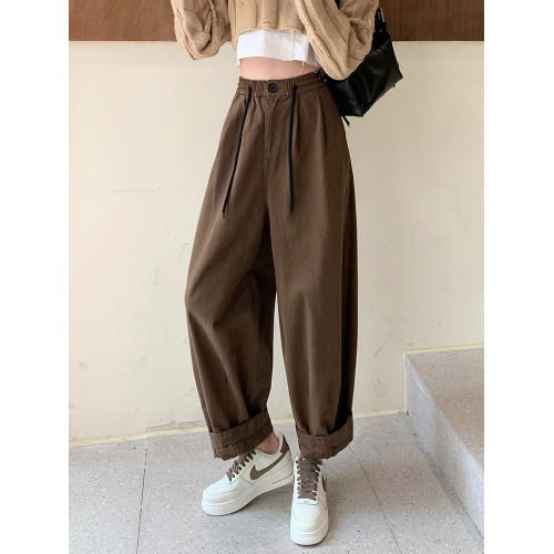 日系洗水磨毛工裝褲子女秋冬小個子松緊腰寬鬆顯瘦休閒哈倫蘿蔔褲