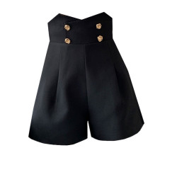 大碼新款超高腰濶腿褲女英倫風設計小衆百搭西裝短褲雙排釦休閒褲