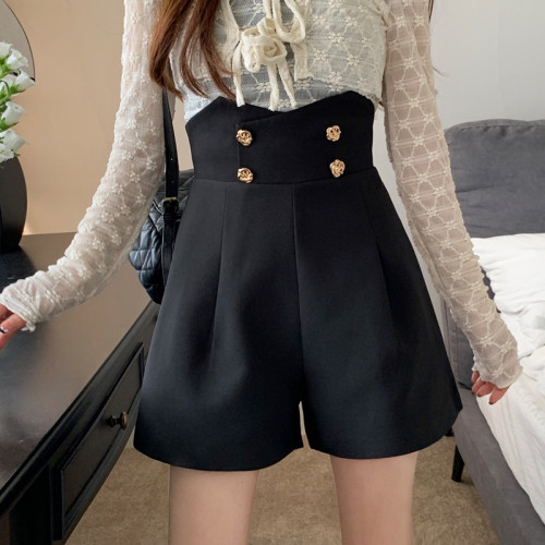 大碼新款超高腰濶腿褲女英倫風設計小衆百搭西裝短褲雙排釦休閒褲