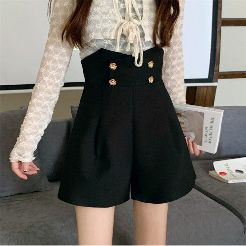 大碼新款超高腰濶腿褲女英倫風設計小衆百搭西裝短褲雙排釦休閒褲