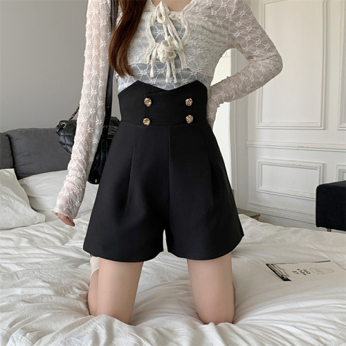 大碼新款超高腰濶腿褲女英倫風設計小衆百搭西裝短褲雙排釦休閒褲