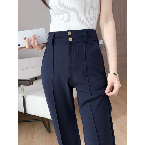 藏藍色西裝褲女春秋職業西褲垂感拖地冬季加絨女褲高腰窄版直筒褲