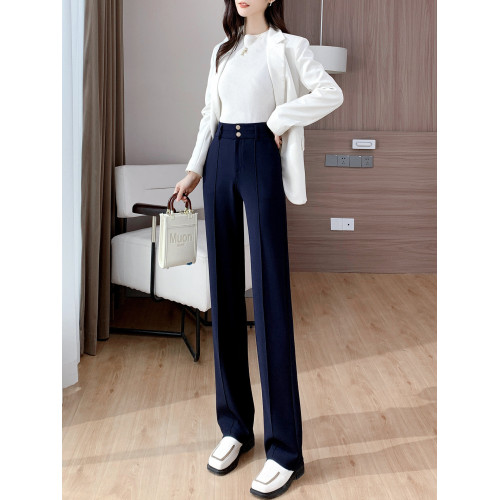 藏藍色西裝褲女春秋職業西褲垂感拖地冬季加絨女褲高腰窄版直筒褲