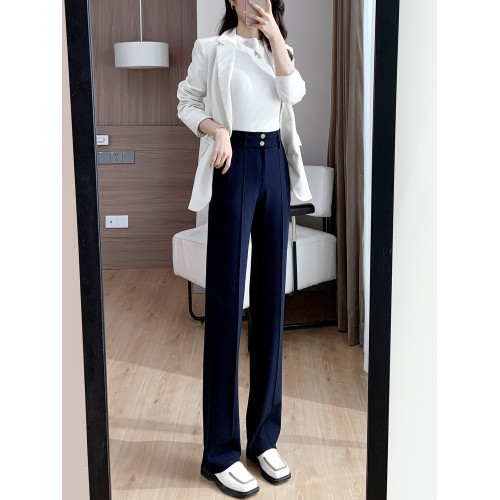 藏藍色西裝褲女春秋職業西褲垂感拖地冬季加絨女褲高腰窄版直筒褲