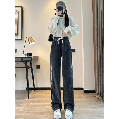 300斤胖mm特大碼雪尼爾濶腿褲女秋冬高腰窄版加絨直筒顯瘦休閒褲2