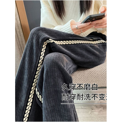 300斤胖mm特大碼雪尼爾濶腿褲女秋冬高腰窄版加絨直筒顯瘦休閒褲2