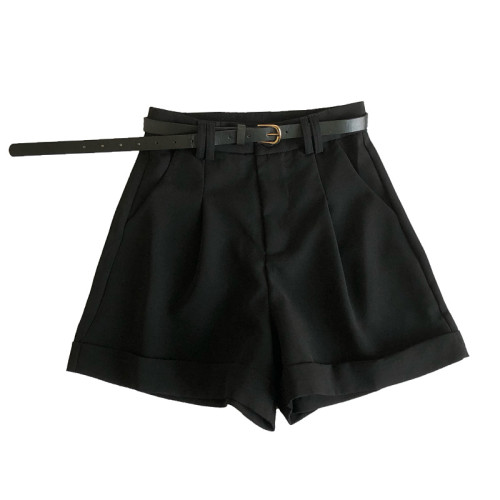 春夏韓版新款簡約百搭高腰顯瘦濶腿褲休閒褲a字褲短褲女配皮帶