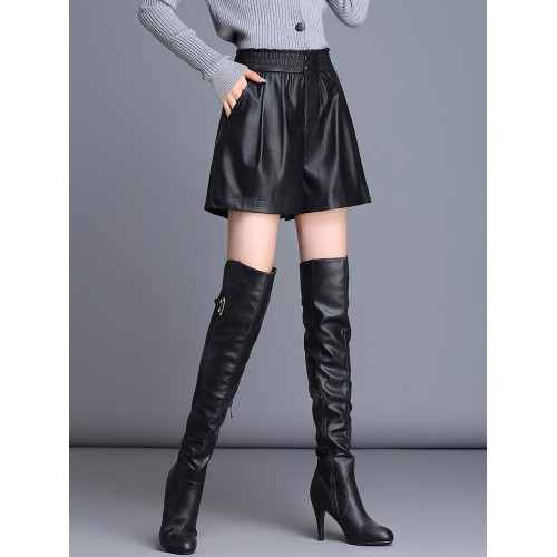 海甯真皮皮褲女短褲松緊高腰大碼外穿2025秋冬新款綿羊皮濶腿靴褲