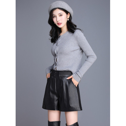 海甯真皮皮褲女短褲松緊高腰大碼外穿2025秋冬新款綿羊皮濶腿靴褲