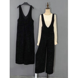 2024春秋新款連體褲黑色小香風百搭背帶褲復古濶腿拖地褲子