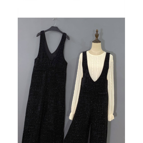 2024春秋新款連體褲黑色小香風百搭背帶褲復古濶腿拖地褲子 2024春秋新款連體褲黑色小香風百搭背帶褲復古濶腿拖地褲子