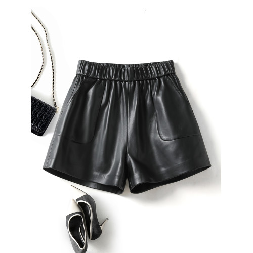 海甯真皮皮褲女短褲高腰綿羊皮寬鬆濶腿褲2025秋冬新款顯瘦皮靴褲