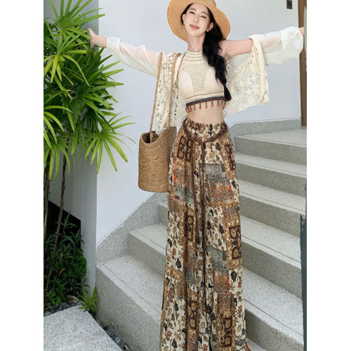 波西米亞度假風穿搭褲子女夏復古民族風裙褲雲南濶腿褲長褲