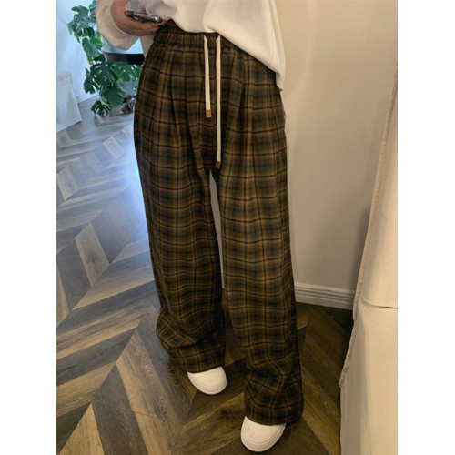 胖mm300斤大碼復古休閒直筒長褲女秋季寬鬆高腰顯瘦格子濶腿褲子