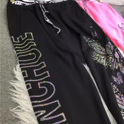 超大碼2-300斤胖m重工燙鑽衛褲蝴蝶高腰顯瘦束腳運動秋冬女長褲子