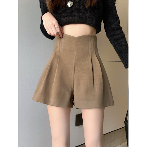 毛呢短褲女2025新款秋冬季款高腰外穿靴褲氣質卡其顯瘦a字濶腿褲