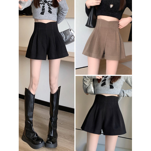 毛呢短褲女2025新款秋冬季款高腰外穿靴褲氣質卡其顯瘦a字濶腿褲