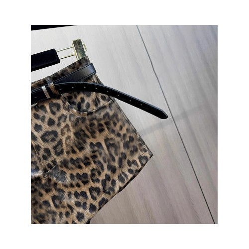 時尚港味豹紋短褲子女夏季高腰顯瘦氣質辣妹PU皮休閒濶腿褲配腰帶