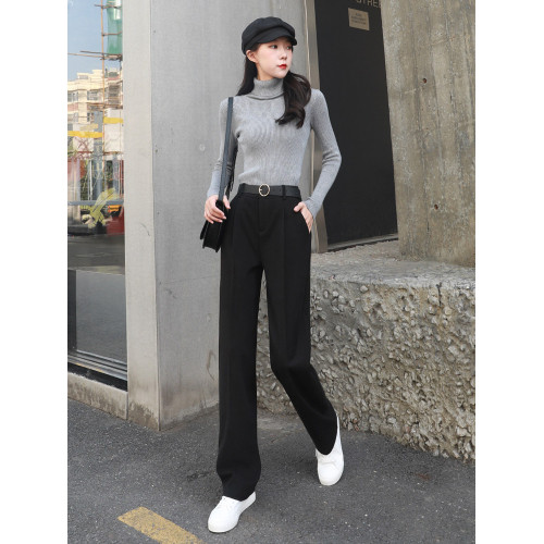 毛呢子西裝濶腿褲女褲春秋冬2025新款米白色休閒垂感窄版直筒長褲