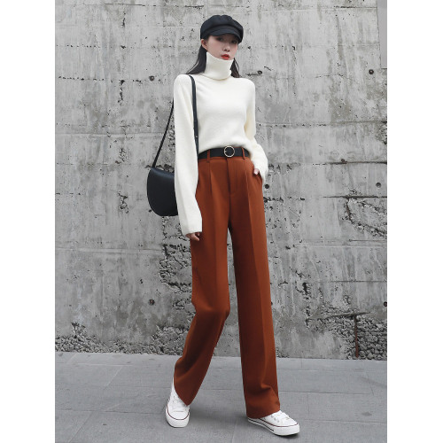 毛呢子西裝濶腿褲女褲春秋冬2025新款米白色休閒垂感窄版直筒長褲