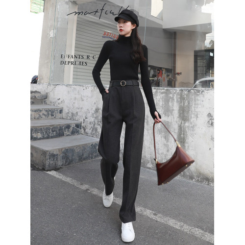 毛呢子西裝濶腿褲女褲春秋冬2025新款米白色休閒垂感窄版直筒長褲