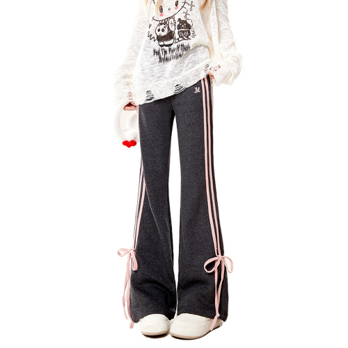 自然澁冬季加絨灰色喇叭褲女春秋新款韓系小個子休閒微喇遛彎褲子