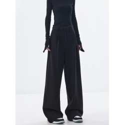 KEN STUDIO原創秋冬加厚呢料濶腿西裝褲女黑色寬鬆拖地休閒褲褲子