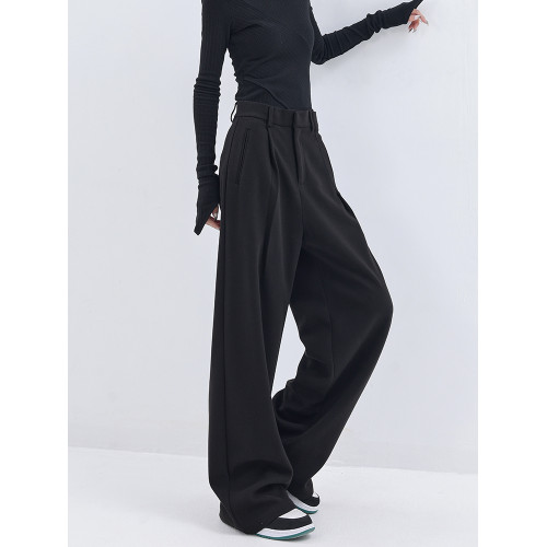 KEN STUDIO原創秋冬加厚呢料濶腿西裝褲女黑色寬鬆拖地休閒褲褲子