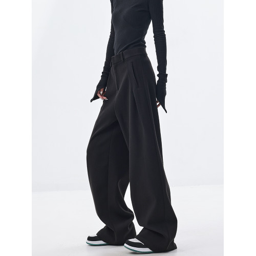 KEN STUDIO原創秋冬加厚呢料濶腿西裝褲女黑色寬鬆拖地休閒褲褲子