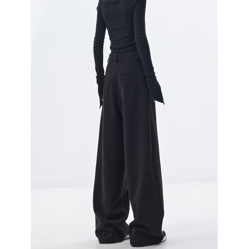 KEN STUDIO原創秋冬加厚呢料濶腿西裝褲女黑色寬鬆拖地休閒褲褲子