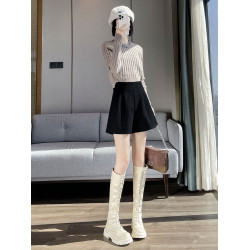 拉夏貝爾黑色毛呢短褲女秋冬外穿百搭高腰a字寬鬆濶腿打底靴褲子