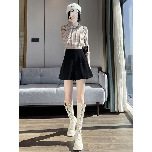 拉夏貝爾黑色毛呢短褲女秋冬外穿百搭高腰a字寬鬆濶腿打底靴褲子