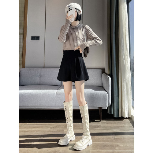 拉夏貝爾黑色毛呢短褲女秋冬外穿百搭高腰a字寬鬆濶腿打底靴褲子