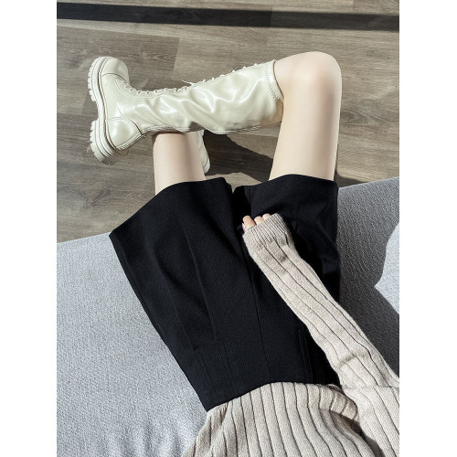 拉夏貝爾黑色毛呢短褲女秋冬外穿百搭高腰a字寬鬆濶腿打底靴褲子