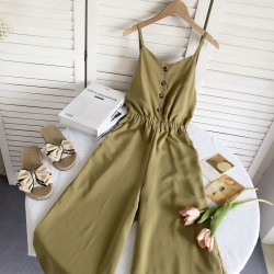 海邊度假風百搭V領露背高腰顯瘦無袖濶腿連體褲長褲女2022夏裝