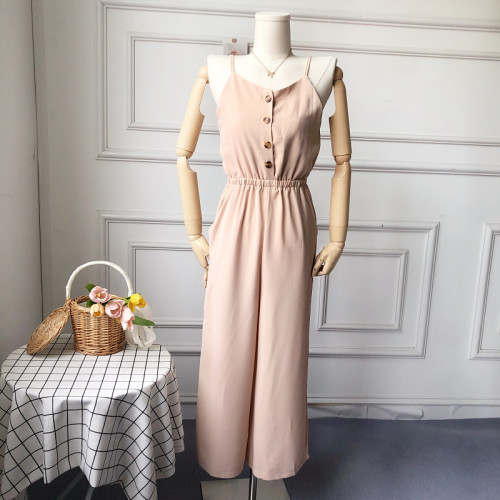 海邊度假風百搭V領露背高腰顯瘦無袖濶腿連體褲長褲女2022夏裝