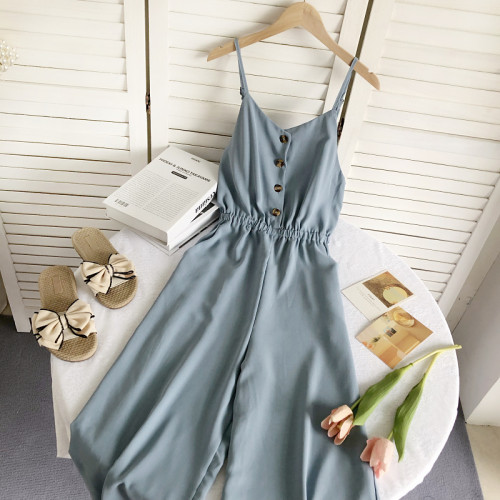 海邊度假風百搭V領露背高腰顯瘦無袖濶腿連體褲長褲女2022夏裝