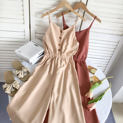 海邊度假風百搭V領露背高腰顯瘦無袖濶腿連體褲長褲女2022夏裝